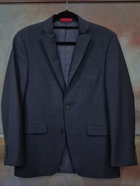 Alfani Slim Fit Sport Coat, Mens 38S, Navy Blue Faint Plaid Wool Blazer